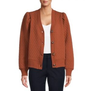 Time and True Coordinating Quilted Puff Sleeve Cardigan Sweater Orange Medium